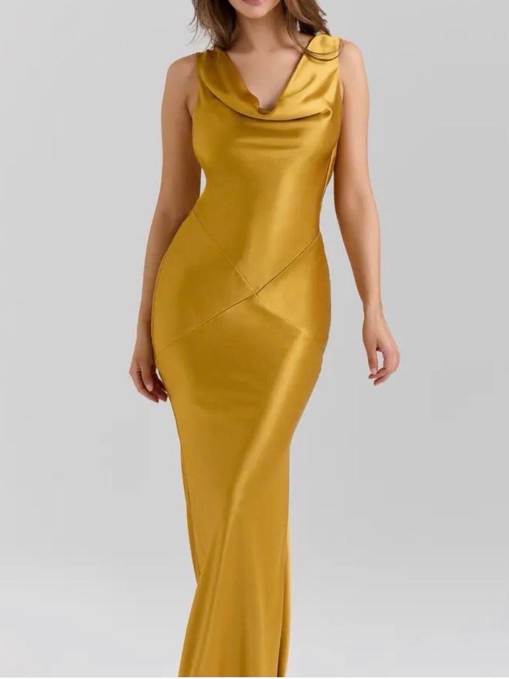 House of CB Gold Satin Cowl Neck Maxi Dress